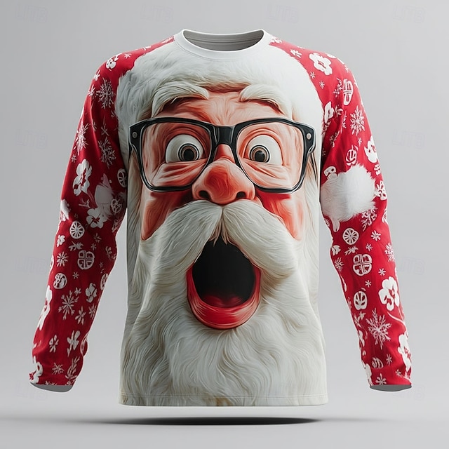 Christmas Men's Santa Claus 3D Funny T Shirt Long Sleeve T shirt 3D Print Crew Neck Shirt Fashion Basic 3D Street Casual Daily Black Red Red 2 Summer Spring Clothing Apparel S M L XL XXL XXXL