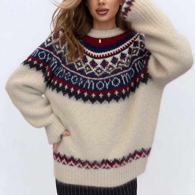 Women's Sweater Fair Isle Sweater Pullover Fashion Casual Geometric Ribbed Crew Neck Knitted Print Long Sleeve Regular Tops Knit Christmas Outdoor Daily Beige Fall Winter4