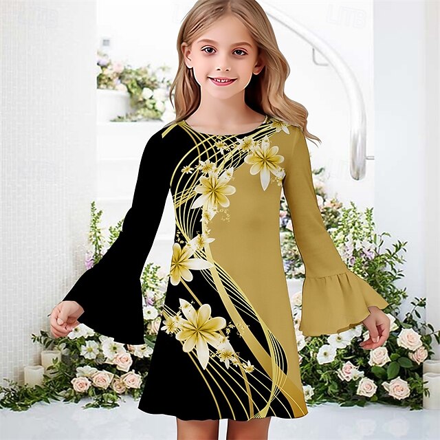 Girls' 3D Flower Dress Ruffle Dress Long Sleeve Summer Spring Vacation Daily Holiday Beautiful Sweet Kids 4-12 Years Casual Dress Knee-length Regular Fit4