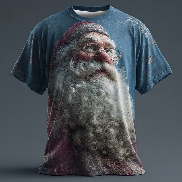 Christmas Men's Santa Claus T Shirt Short Sleeve T shirt 3D Print Crew Neck Shirt Daily Designer Artistic Vacation Party Street Blue All Seasons Clothing Apparel S M L XL XXL XXXL4