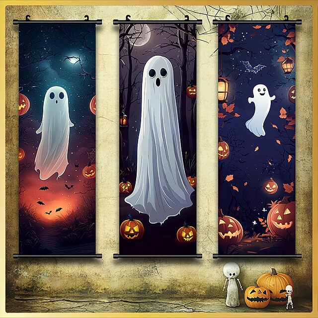 3 Pcs Halloween Wall Tapestry Ghost Lantern Pumpkin Bare Tree Bats Pattern Halloween Party Decoration Interior Decoration Spooky Witch House Accessories3