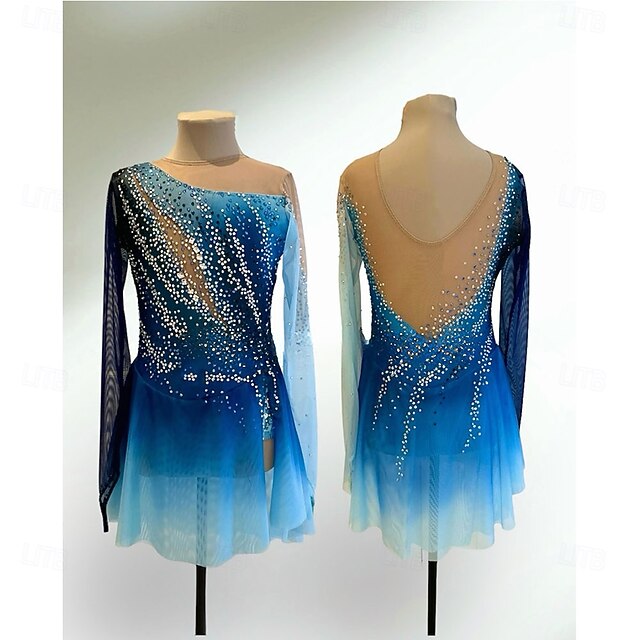 Figure Skating Dress Women's Girls' Ice Skating Dress Blue Patchwork Asymmetric Hem Mesh Spandex High Elasticity Training Competition Skating Wear Classic Crystal / Rhinestone Long Sleeve Ice Skating2