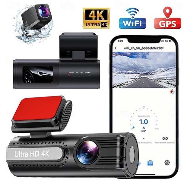  HD 4K front camera 1080P rear camera dashcam with WiFi mobile connectivity and 1.5 inch IPS screen for loop recording.