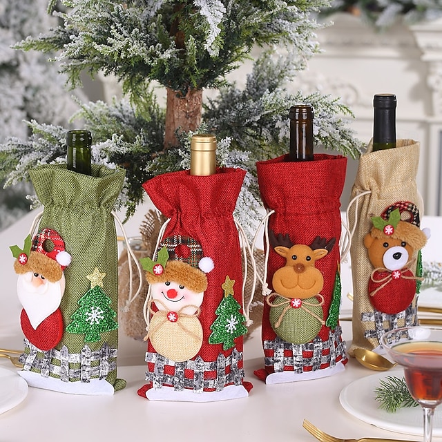  Упаковка из 4 мешковинных рождественских чехлов для бутылок вина с завязкой, с рисунком снежной куколки, клетчатый праздничный чехол для упаковки вина, шампанского, праздничных украшений