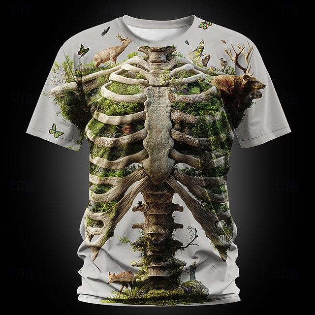 Halloween Men's Optical Illusion 3D Skeleton T Shirt Short Sleeve T shirt 3D Print Crew Neck Shirt Exaggerated Designer Horror Party Street Holiday White Summer Spring All Seasons Clothing Apparel S4