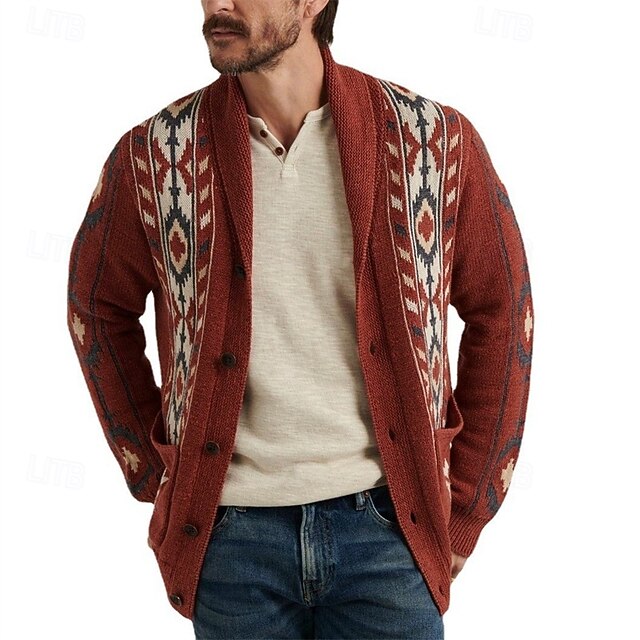 Men's Cardigan Sweater Cropped  Sweater Zip Sweater Knit Sweater Ribbed Knit Regular Tops Pocket Buttons Argyle Shawl Collar Fashion Classic Vacation Daily Wear Clothing Apparel Fall Winter Red M L XL4