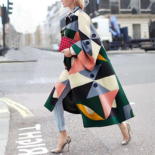 Women's Coat Trench Coat Warm Comfortable Print Fashion Modern Casual Geometric Going out Weekend Long Turndown Regular Fit Long Sleeve Outerwear Yellow Green Dark Blue Winter4