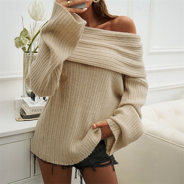  Femmes Pull Mode Streetwear Occasionnel Couleur Unie Côtelé Épaules Dénudées Tricoté manche longue Hauts Réguliers Tricoter Extérieur Quotidien Week-end Beige Automne Hiver
