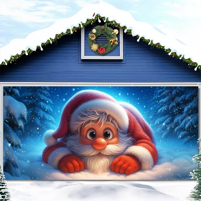 Christmas Outdoor Garage Door Cover Cute Santa Claus Snowy Day Pine Tree Large Tapestry Backdrop Holiday Party Wall Decoration For Outdoor Garage Door Home Christmas Festival Celebration Decor4