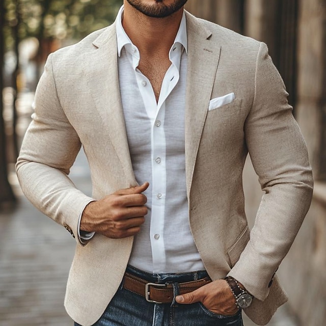  Men's Blazer Jacket Notch Collar Fashion Solid Colored Blazer Light Khaki Tailored Fit Single Breasted One-button