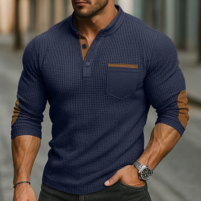 Herren Waffel-T-Shirt Waffel-Henley-Hemd Langarm Stehkragen Frühling & Herbst Ganzjahres Einfarbig Mode Basic Lässig Taschen Falscher Zweiteiler Straße Lässig Sport Schwarz Marineblau Armeegrün Top