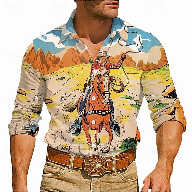 Men's Mountain Horse Racing Shirt Western Shirt Cowboy Shirt Long Sleeve Vintage Retro Outdoor Casual WorkWear Spring Fall Turndown 3D Print Linen Like Shirt Khaki4