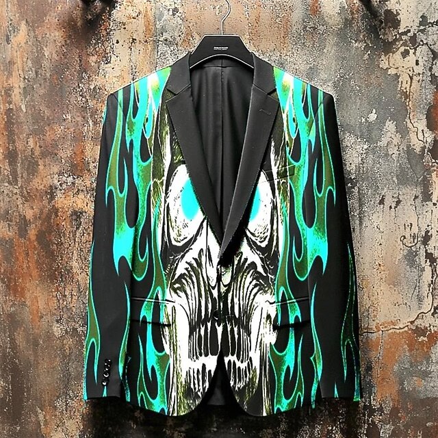 Men's Blazer Coat Halloween Casual Festival Casual Daily Fall / Winter 100% Polyester Skulls 3D Print Buttons Thermal Warm Comfortable Single Breasted Blazer Green4
