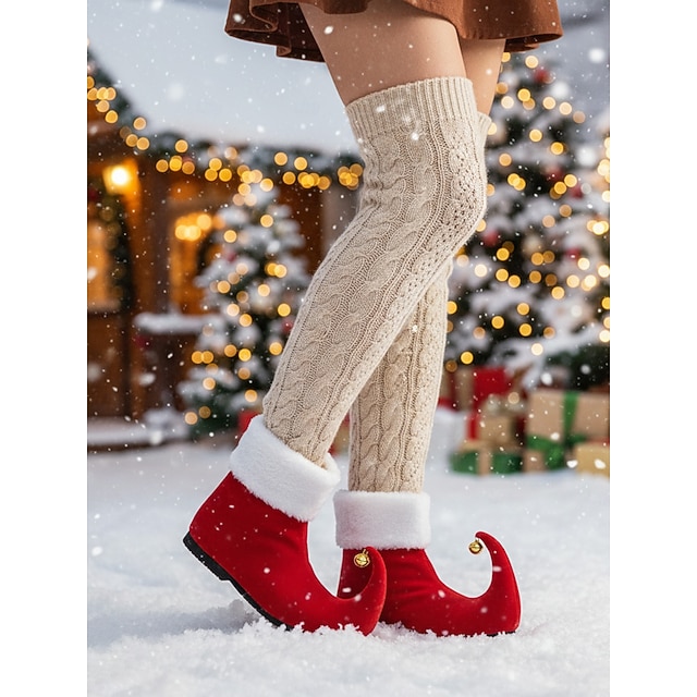  Ghete roșii de elf de Crăciun pentru femei, cu vârf ondulat și clopoței – pantofi festivi pentru costume de sărbătoare, pentru petreceri și cosplay