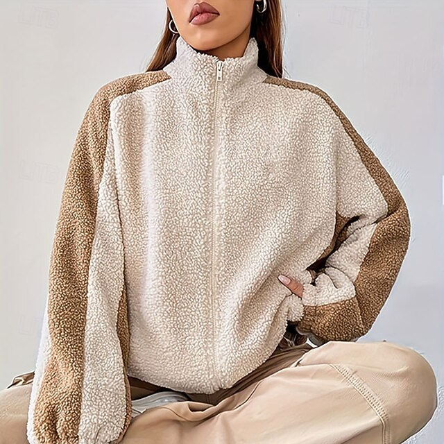 Women's Zip Up Sweatshirts Plain Warm Casual Long Sleeve High Neck Regular Tops Street Casual Patchwork Zipper Beige Fall Winter4