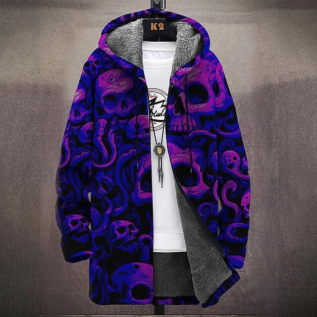 Men's Skull Winter Coat Fleece Jacket Coat Thermal Warm Comfortable Dark Casual Daily Wear Zipper Pocket 3D Print Fall Winter Hooded Long Sleeve Amethyst4