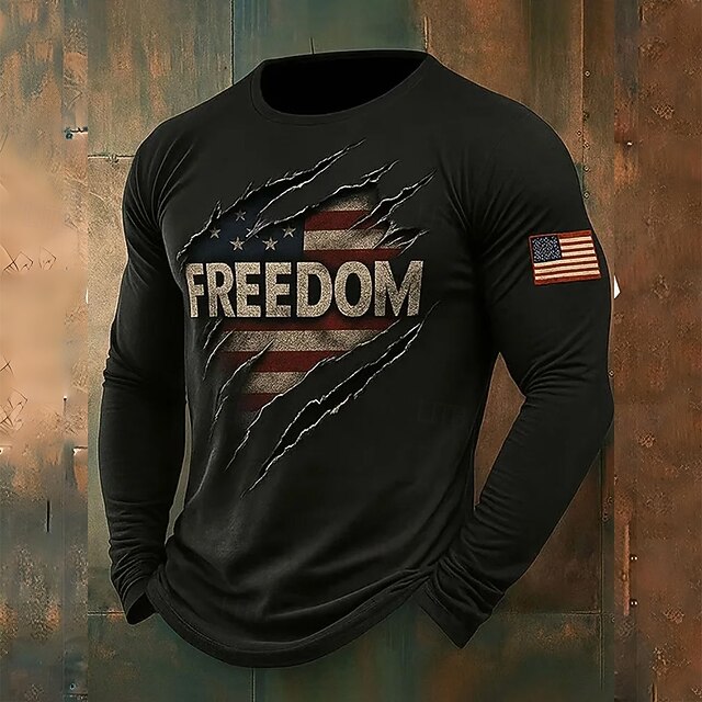 Men's Letter American Flag T shirt Tee Tee Top Long Sleeve T shirt 3D Print Crew Neck Shirt Fashion Designer Casual Vacation Daily Holiday Black All Seasons Clothing Apparel S M L XL 2XL 3XL4