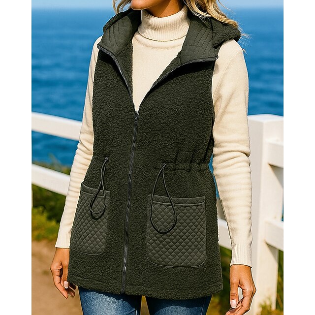 Women's Hooded Vest Polar Fleece Vest Drawstring Sleeveless Top Athleisure Solid Colored Warm Outdoor Travel Sports Sportswear Activewear Army Green4