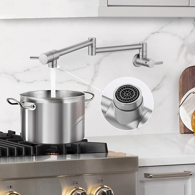  Kitchen Faucet,Wall Mounted Pot Filler Two Handles One Hole Chrome/Oil-rubbed Bronze/Nickel Brushed Foldable Pot Filler Wall Mounted Contemporary Kitchen Taps with Cold Water Only