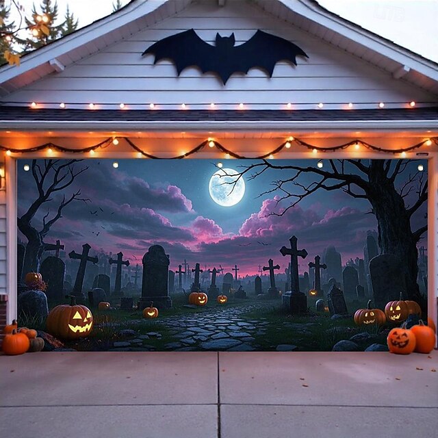 Halloween Garage Door Cover Sunset Moon Cemetery Pumpkin Castle Bare Trees Skeleton Large Outdoor Backdrop with Grommets Yard Front Porch Wall Decorations4