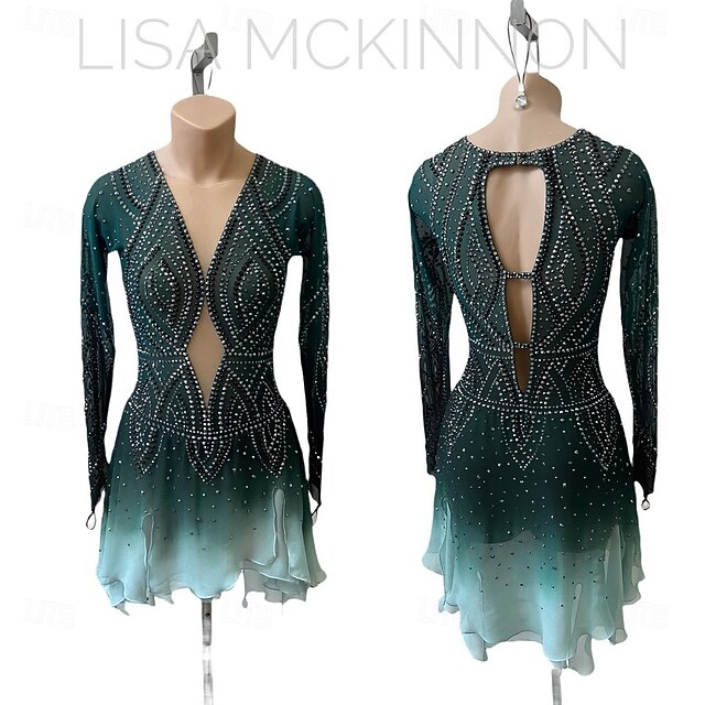 Figure Skating Dress Women's Girls' Ice Skating Dress Dark Green Patchwork Asymmetric Hem Mesh Spandex High Elasticity Training Competition Skating Wear Classic Crystal / Rhinestone Long Sleeve Ice2