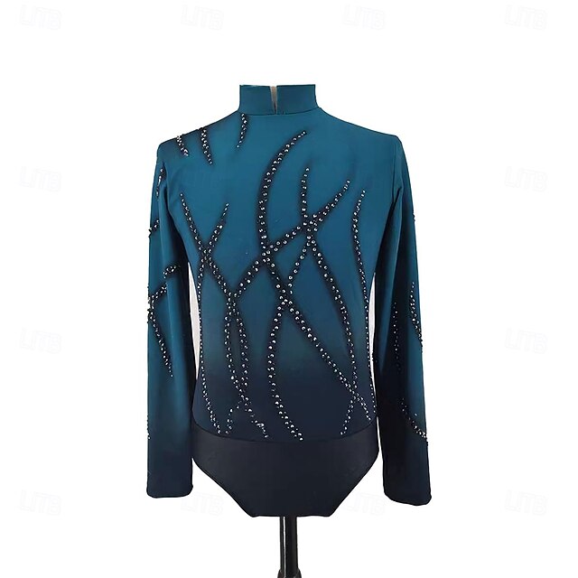 Figure Skating Top Men's Boys' Ice Skating Tops Green+Black Patchwork Halo Dyeing Spandex High Elasticity Training Professional Competition Skating Wear Classic Crystal / Rhinestone Long Sleeve Ice4