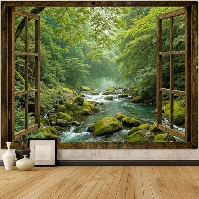 Beautiful Bamboo Forest Stream Moss Stone Flowing Water Green Landscape Hanging Tapestry Wall Art Large Tapestry Mural Decor Photograph Backdrop Blanket Curtain Home Bedroom Living Room Decoration2