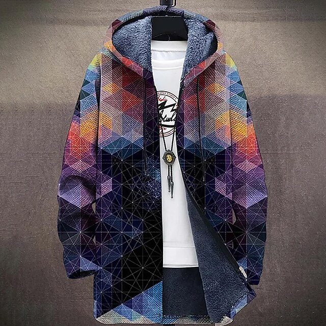 Men's Color Block Winter Coat Fleece Jacket Coat Thermal Warm Comfortable Casual Daily Wear Zipper Pocket 3D Print Fall Winter Hooded Long Sleeve Rainbow4