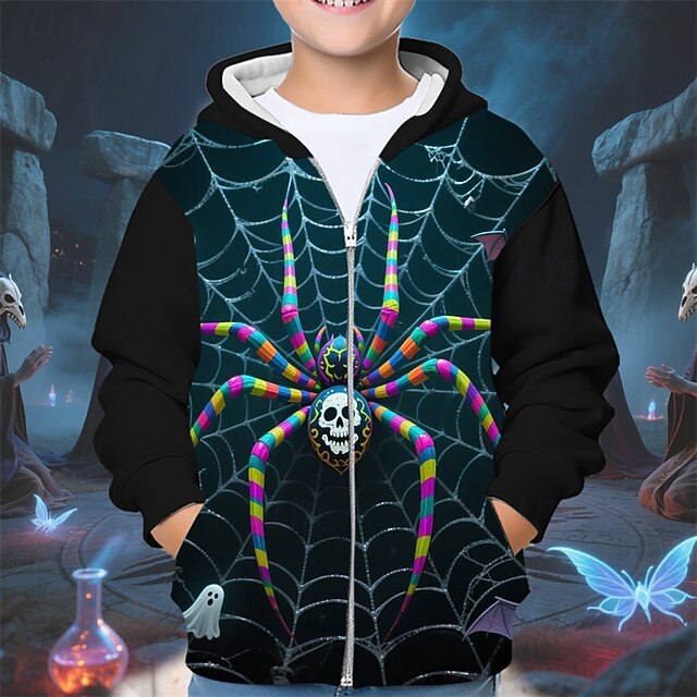 Halloween Boys' 3D Ghost Spider Hoodie Coat Outerwear Long Sleeve Spring Fall Adorable Sport Kids 4-12 Years Zip Street Daily Regular Fit4