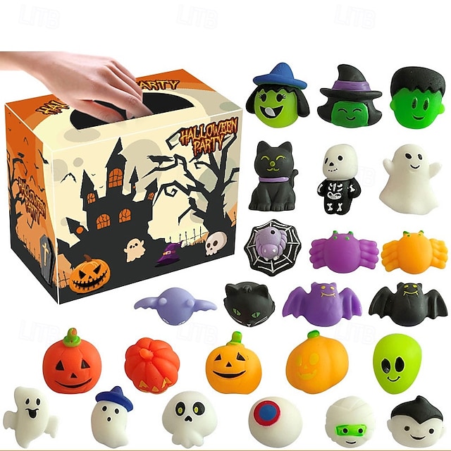  24/48 peças de brinquedos mochi de Halloween, lembrancinhas de festa de Halloween para crianças, brinquedos de Halloween para doces ou travessuras a granel, guloseimas de Halloween sem doces, sacolas
