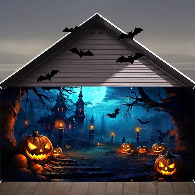 Halloween Garage Door Cover Night Castle Witch Bats Bare Trees Pumpkin Moon Large Outdoor Backdrop with Grommets Yard Front Porch Wall Decorations4