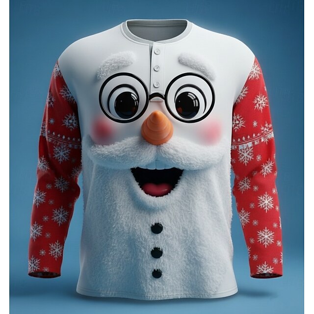 Men's Christmas Snowman Snowflakes Henley Shirt Long Sleeve Fashion Cute Daily Casual Holiday Going out Winter Spring &  Fall White Henley Henley T-Shirt4