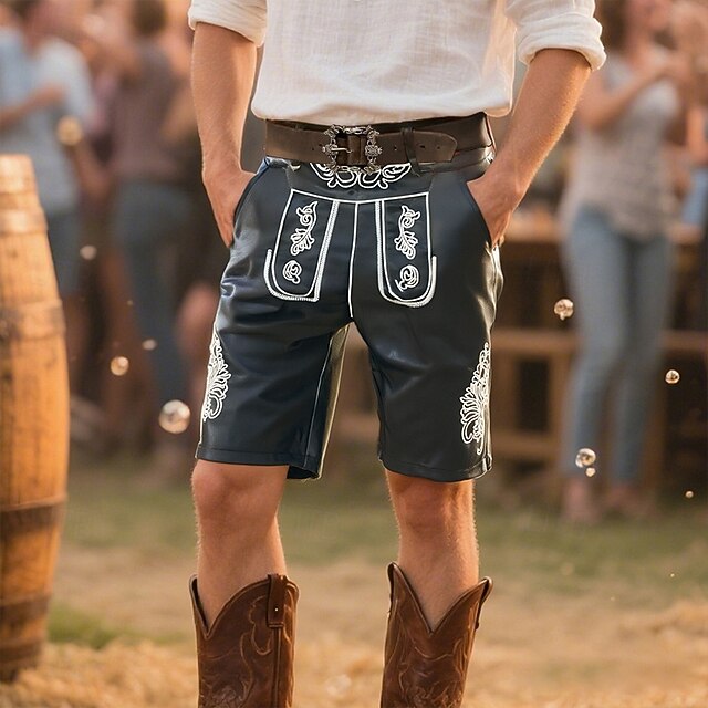 Men's Shorts Summer Shorts Work Shorts Faux Leather Shorts Pocket Buttons Floral Comfort Short Outdoor Vacation Casual Bavarian Black3