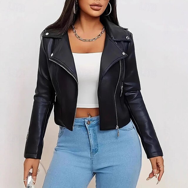 Women's Faux Leather Jacket Warm Comfortable Zipper Casual Solid Color Vacation Street Casual Daily Wear Short Turndown Regular Fit Long Sleeve Outerwear Black Fall Winter4