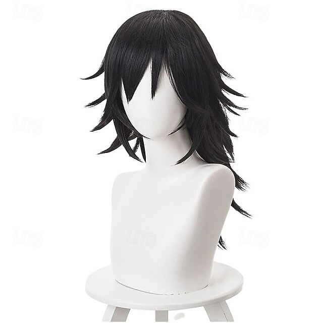Cosplay Wigs Men's Layered Haircut 16 inch Heat Resistant Fiber Curly Black Teen Adults' Anime Wig Halloween Wigs3