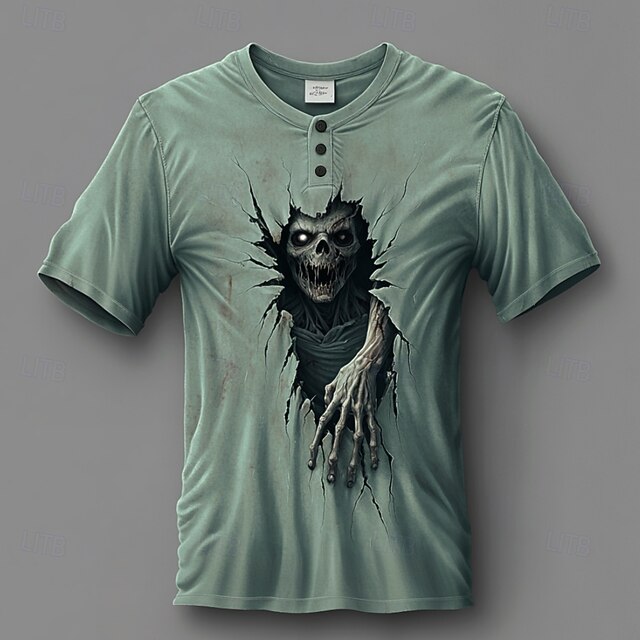 Men's Halloween Zombies T Shirt Henley Shirt Short Sleeve Designer Retro Vintage Casual Street Casual Daily Summer Spring All Seasons Green Henley Henley T-Shirt4