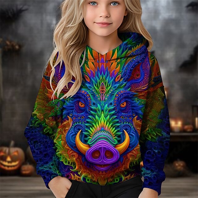 Halloween Girls' 3D Graphic Animal Hoodie Long Sleeve Fall Winter Fashion Adorable Basic Kids 4-12 Years Hooded Outdoor Casual Daily Regular Fit4