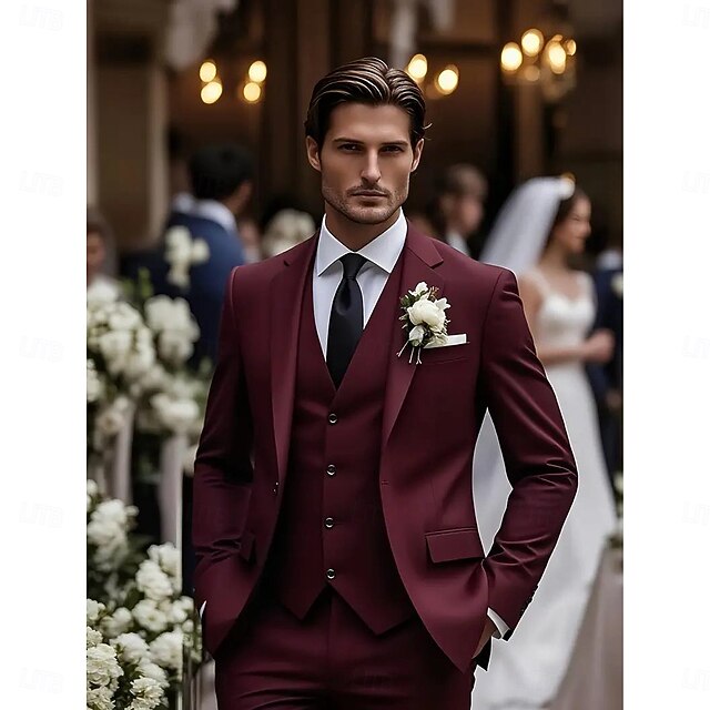 Men's Wedding Casual Party Suits Notch Lapel Burgundy Daily Formal Solid Colored Slim Fit 3 Piece Single Breasted One-button4
