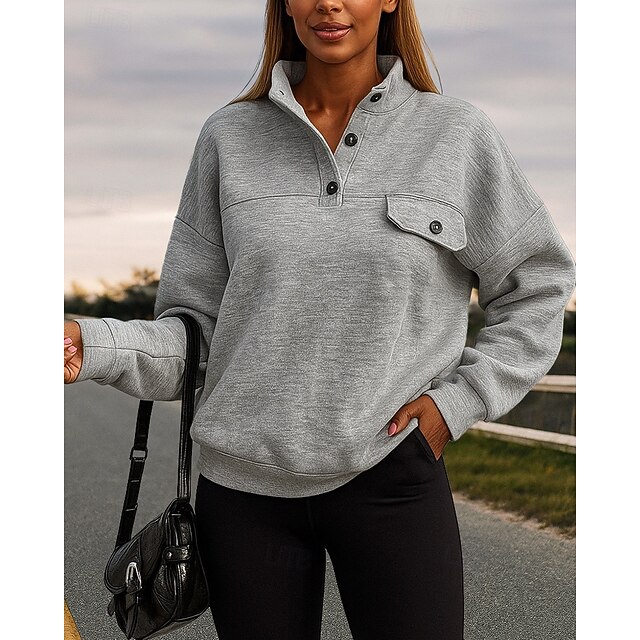 Women's Pullover Sweatshirt Lounge Top Buttons Long Sleeve Top Athleisure Solid Colored Windproof Warm Hiking Travel Vacation Sportswear Activewear Grey4