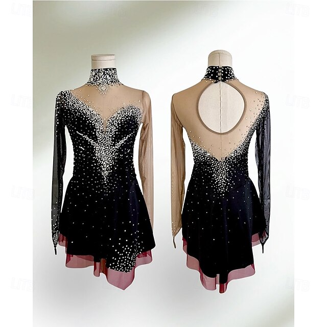 Figure Skating Dress Women's Girls' Ice Skating Dress Black Patchwork Open Back Mesh Spandex High Elasticity Training Competition Skating Wear Classic Crystal / Rhinestone Long Sleeve Ice Skating2