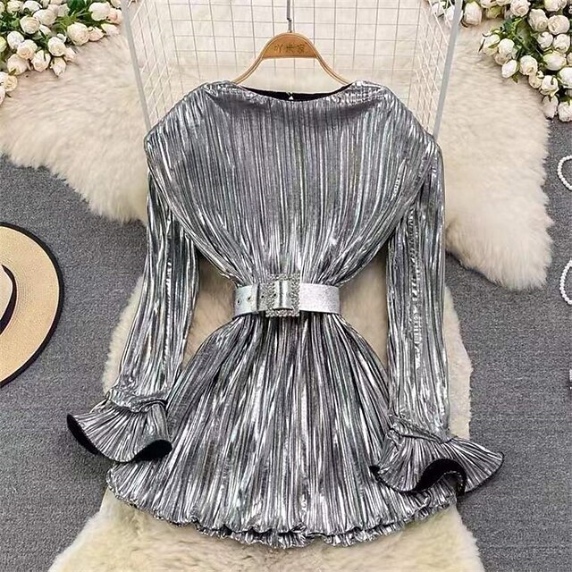 Women's Midi Dress Sequin Dress Elegant Fashion Modern Outdoor Party Daily Regular Fit Plain Long Sleeve Crew Neck Silver Spring Autumn4