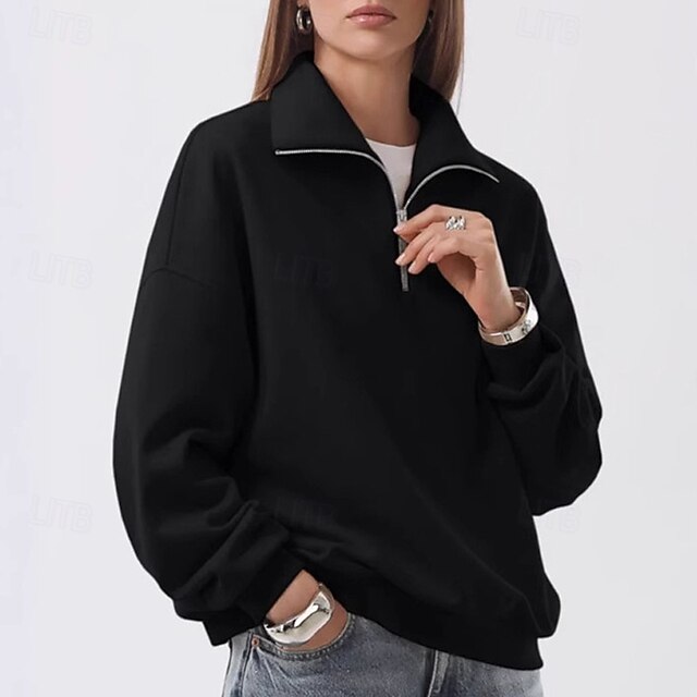 Women's Pullover Sweatshirts Zip Up Sweatshirts Plain Fashion Casual Long Sleeve High Neck Regular Tops Street Dailywear Casual Half Zipper Quarter Zipper Zipper Black Fall Winter3