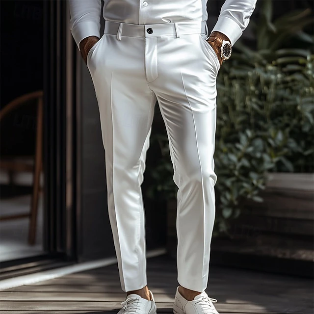 Men's Trousers Dress Pants Silk Like Satin Pants Suit Pants Pocket Plain Breathable Ankle-Length Wedding Party Business Fashion Streetwear Slim Black White Inelastic4