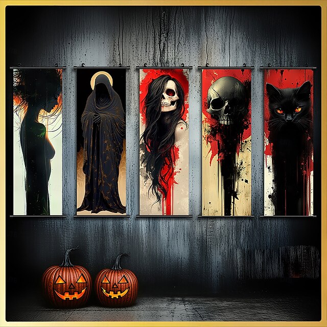 5 Pcs Halloween Wall Tapestry Witch Silhouette Hooded Figure Black Skeleton White Skeleton Black Cat Pattern Party Decoration Interior Decor Accessories3