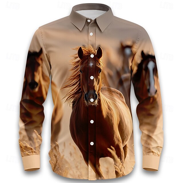 Men's Animal Horse Wildlife Shirt Western Shirt Cowboy Shirt Long Sleeve Vintage Retro Outdoor Vacation Spring Fall Turndown 3D Print Linen Like Shirt Khaki4
