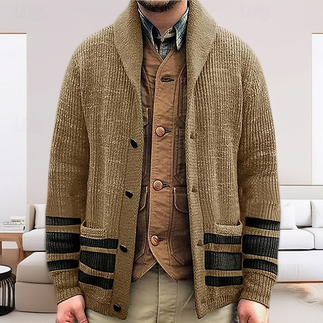 Men's Sweater Cardigan Sweater Ribbed Knit Regular Tops Knitted Plain Shawl Collar Vacation Fashion Casual Daily Wear Clothing Apparel Spring &  Fall khaki M L XL4