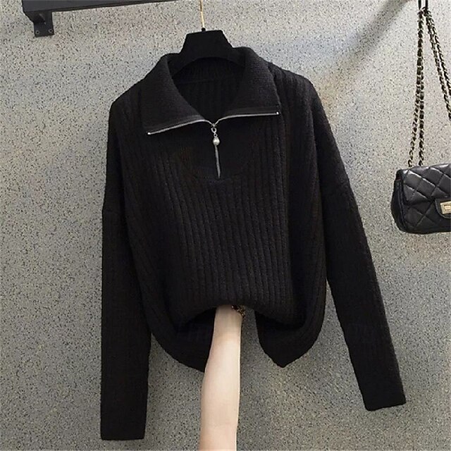 Women's Sweater Pullover Fashion Basic Casual Pure Color Ribbed Half Zip Zipper Knitted Long Sleeve Regular Tops Knit Outdoor Daily Weekend Black Fall Winter4