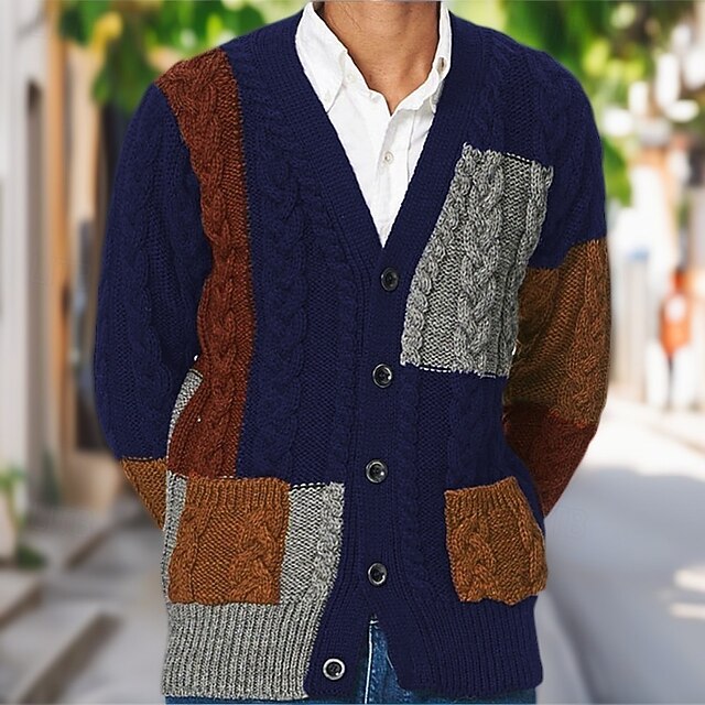 Men's Sweater Cardigan Sweater Ribbed Cable Knit Regular Tops Patchwork Knitted Plain V Neck Vacation Fashion Casual Daily Wear Clothing Apparel Fall Spring &  Fall Navy Blue M L XL4