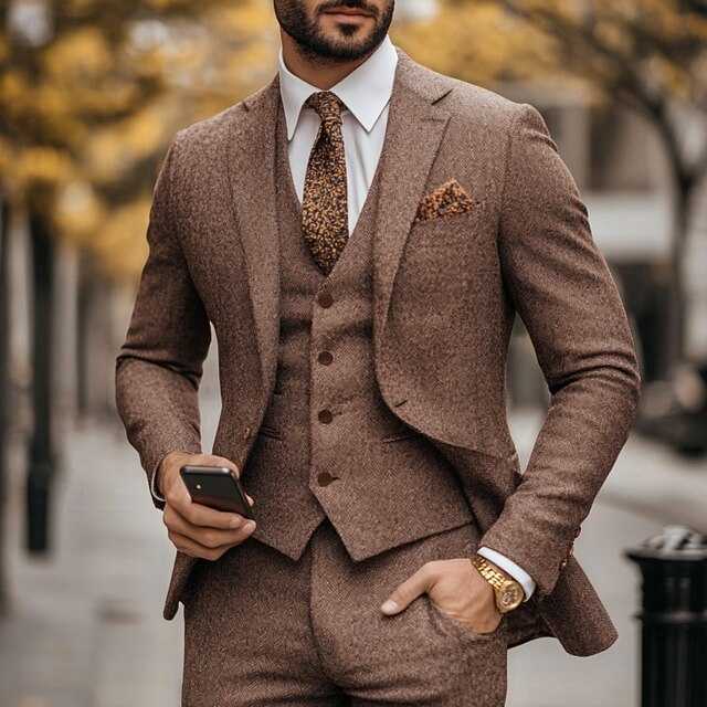 Men's Wedding Party Tweed Suits Notch Lapel Brown Dark Grey Formal Herringbone Slim Fit 3 Piece Single Breasted One-button4
