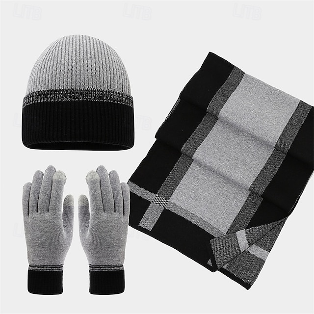  Homens Gorro Chapéus de inverno Gorros Conjunto de chapéu e luvas Gorro de inverno Caqui Cinzento Claro Fibras Acrilicas 3 Peças Tricotado Aconchegante Roupa Diária Para Noite Bloco de cor Quente